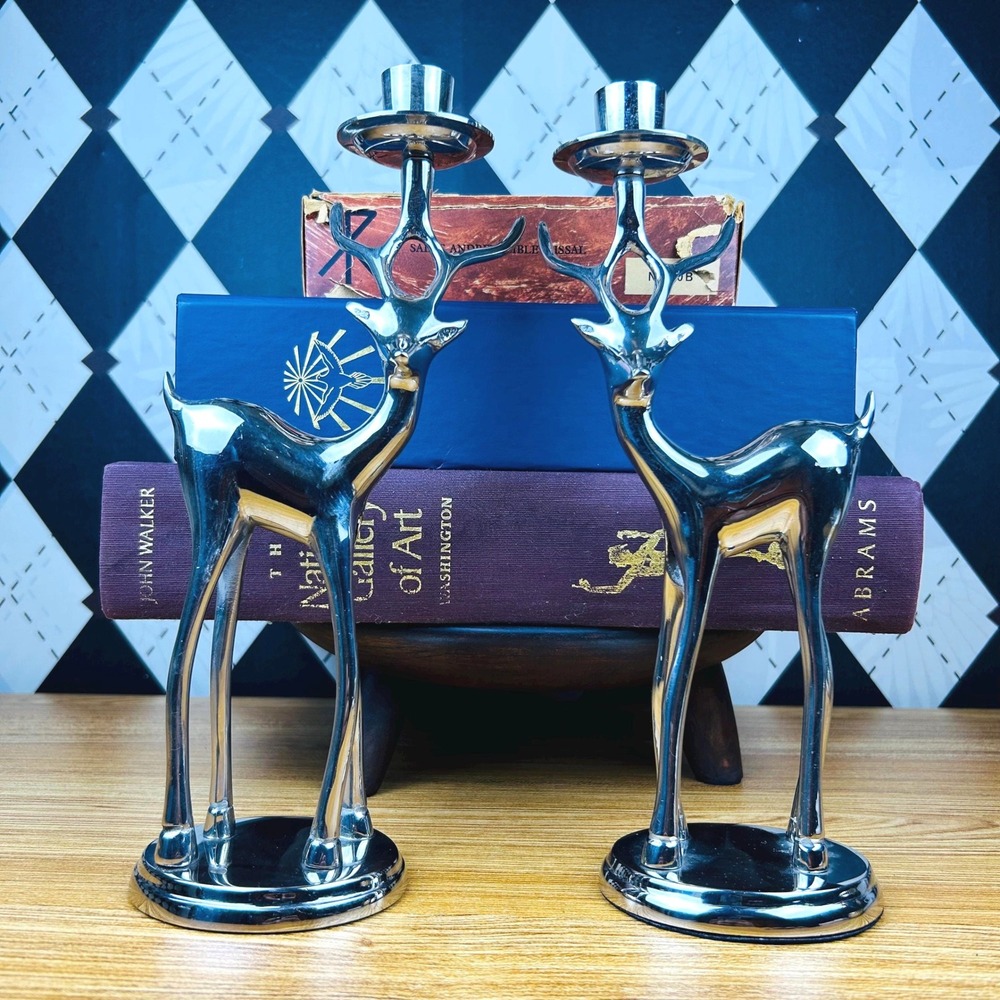 Vintage Chrome Deer Candle Holder Silver-toned Set MCM Décor Bombay‎